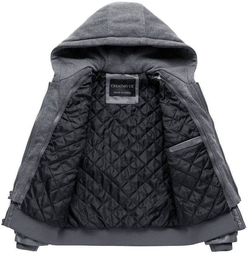 CREATMO US Leather Jacket Men Faux Leather Jackets Motorcycle Jacket Waterproof Windproof PU Moto Outerwear Vintage Bomber Hoodie with Removable Hood Grey L - Image 2