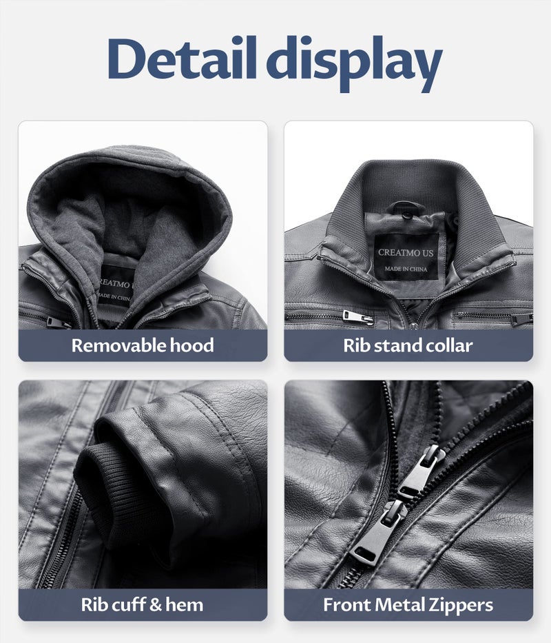 CREATMO US Leather Jacket Men Faux Leather Jackets Motorcycle Jacket Waterproof Windproof PU Moto Outerwear Vintage Bomber Hoodie with Removable Hood Grey L - Image 5