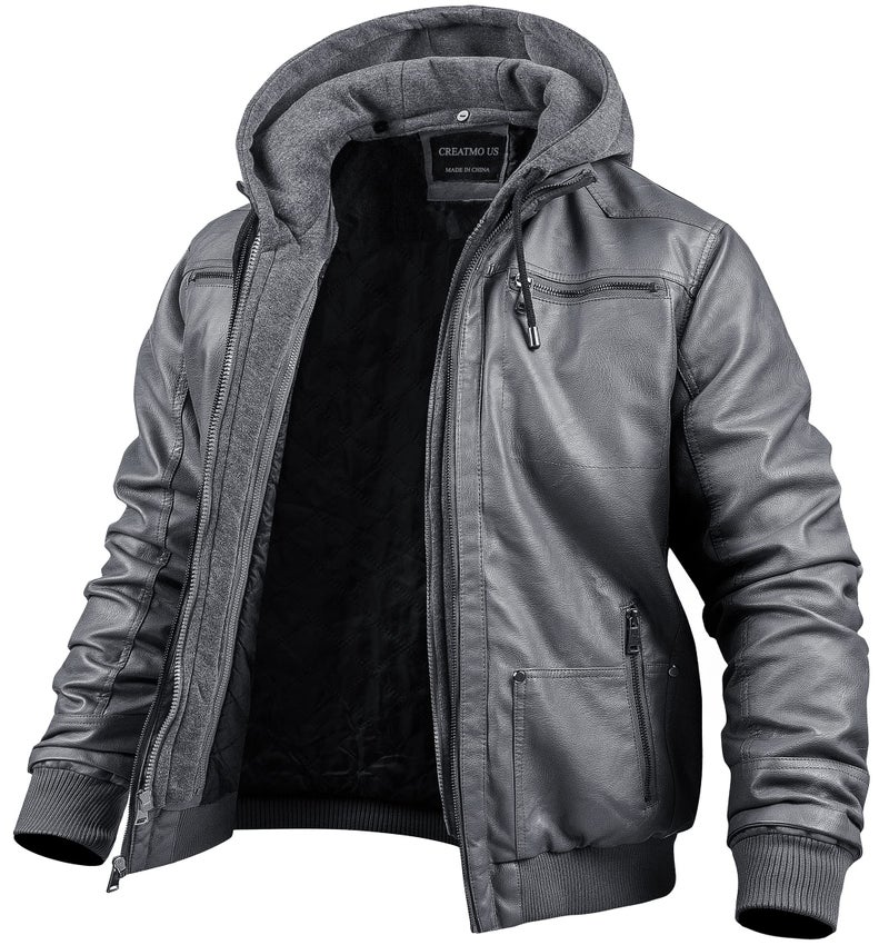 CREATMO US Leather Jacket Men Faux Leather Jackets Motorcycle Jacket Waterproof Windproof PU Moto Outerwear Vintage Bomber Hoodie with Removable Hood Grey L - Image 1