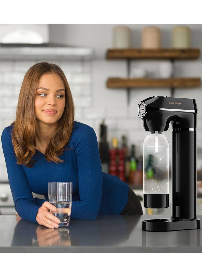 LePRESSO - Sparkling Water Maker 1L with Two Capsules and Pressure Meter / Efficient Carbonation / Adjustable Fizz Pressure / One-Button Operation - Black - Image 1