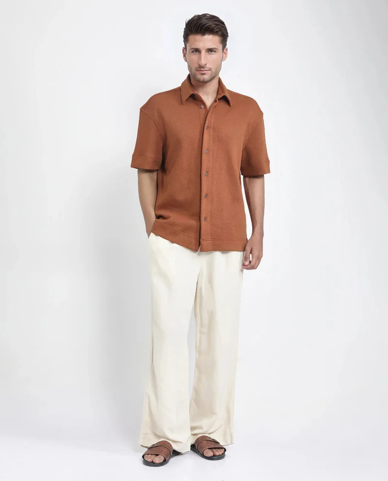 Rare Rabbit Rare Rabbit Men Kash Rust Viscose Fabric Half Sleeve Collared Neck Button Closure Oversized Fit Plain Shirt