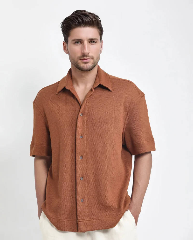 Rare Rabbit Rare Rabbit Men Kash Rust Viscose Fabric Half Sleeve Collared Neck Button Closure Oversized Fit Plain Shirt