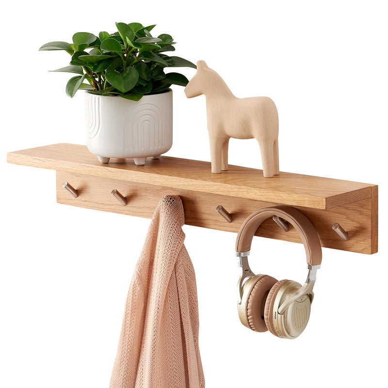 TRWISWDC Coat Rack Shelf Wall Mounted Oak Wood Entryway Shelf with 6 Hooks Wall Coat Hook Rack with Floating Shelf for Bedroom Living Room Kitchen Natural 275 inch