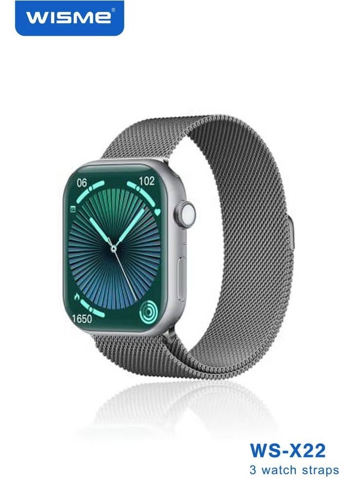 WISME ساعة ذكية متعددة الوظائف مقاومة للماء WS-X22 مع شاشة كاملة 3 أزواج من الأشرطة وكابل شحن مصممة للسيدات والرجال فضي - Image 1