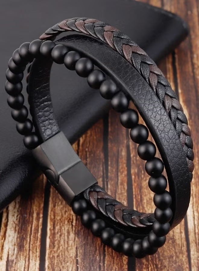 osir Layered Leather Beads Bracelets for Men,Braided Leather Lava Rock Stone - Image 2