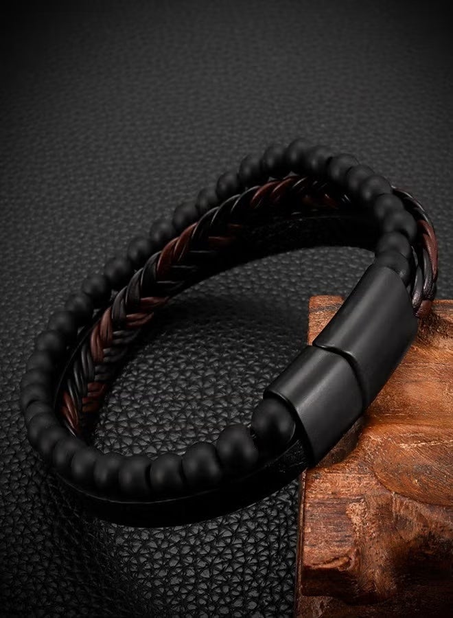 osir Layered Leather Beads Bracelets for Men,Braided Leather Lava Rock Stone - Image 3