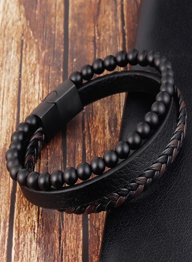 osir Layered Leather Beads Bracelets for Men,Braided Leather Lava Rock Stone - Image 4