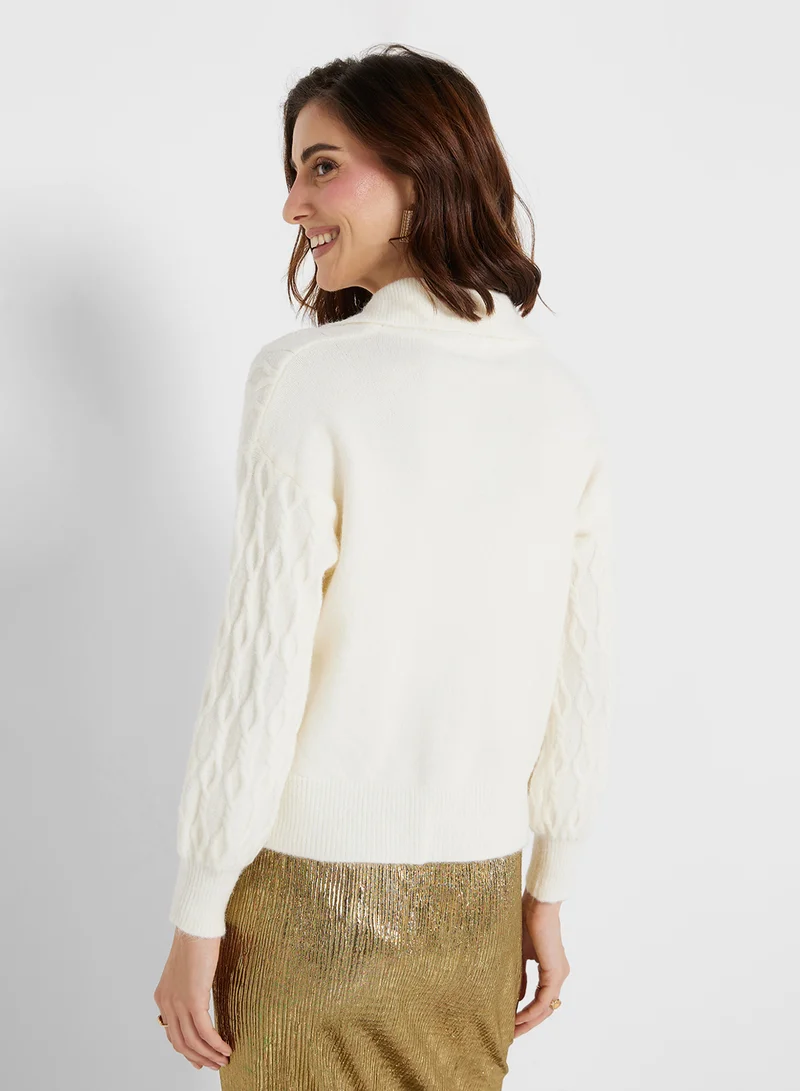 جينجر Cable Knit Collared Cardigan