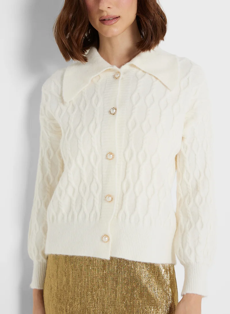 جينجر Cable Knit Collared Cardigan