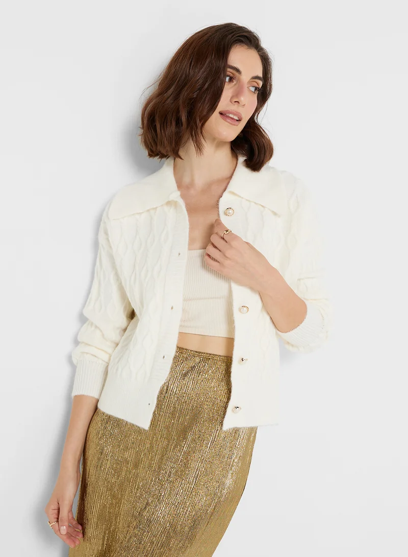 جينجر Cable Knit Collared Cardigan