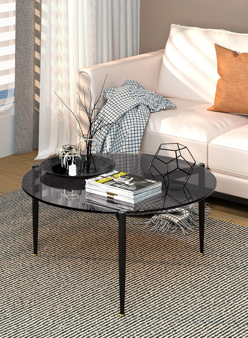 ويسفور طاولة قهوة دائرية من الزجاج المقوى 80 سم × 40 سم، طاولات بسيطة حديثة ذات سطح زجاجي رمادي لامع مع إطار أسود غير لامع، طاولة مركزية دائرية كبيرة شفافة، ديكور أثاث منزلي - Image 1