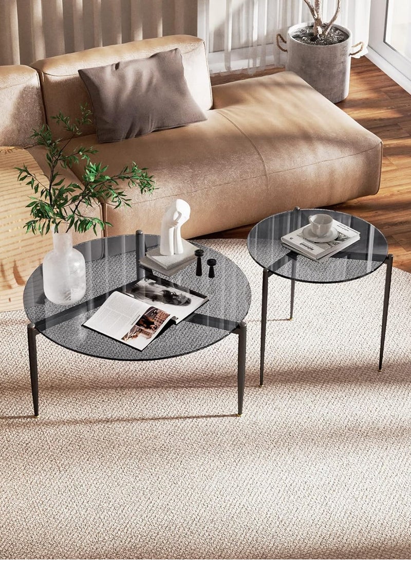 ويسفور طاولة قهوة دائرية من الزجاج المقوى 80 سم × 40 سم، طاولات بسيطة حديثة ذات سطح زجاجي رمادي لامع مع إطار أسود غير لامع، طاولة مركزية دائرية كبيرة شفافة، ديكور أثاث منزلي - Image 2