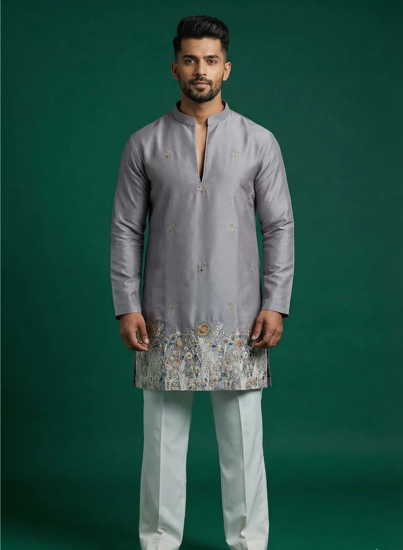 Lehar Men’s Lavender-Grey  Kurta with Intricate Floral Border & Ivory Trousers – 2 Piece Set
