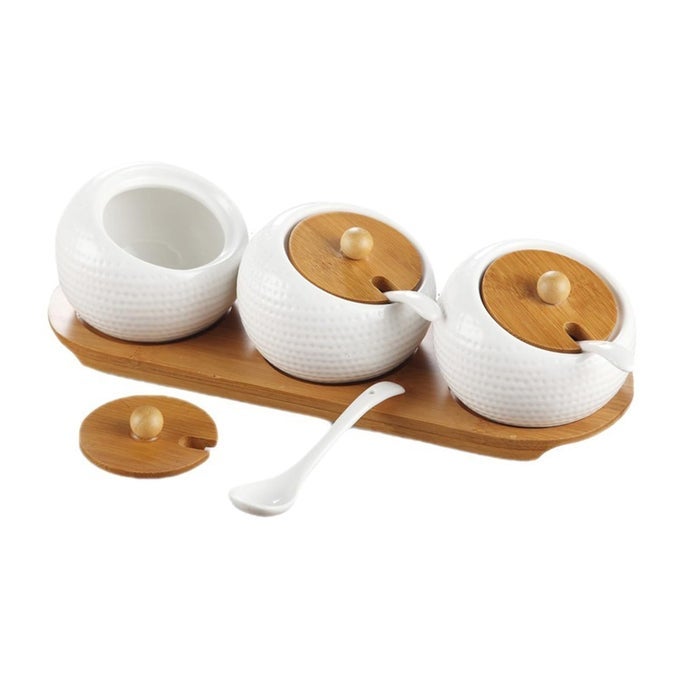 CONDIMENT JAR SPICE CONTAINER WITH BAMBOO LIDS TRAY CERAMIC SERVING SPOON SET OF 3 WHITE 170ML58 OZ PERFECT SPICE STORAGE FOR HOME KITCHEN
