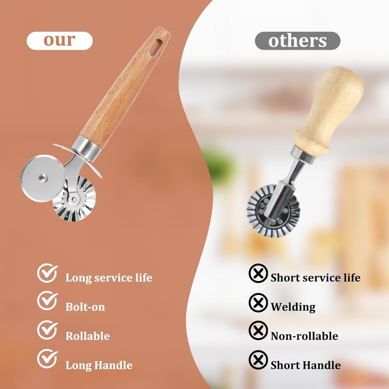 SHANGSKY Pastry Cutter Wheel, Ravioli Cutter Wheel with Long Wooden Handle, Pasta Cutter Dumpling Lace Making Noodle Ruffled Edge Cookies Pie Cutter Kitchen Dough Cutting Tool (Dual Wheel) - Image 5