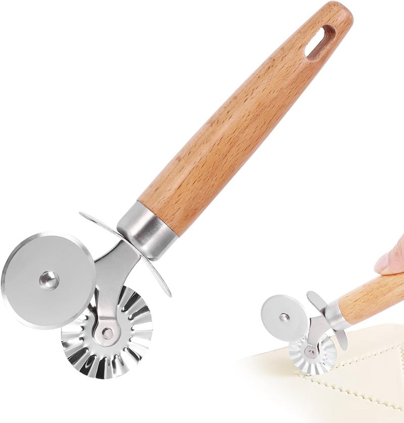 SHANGSKY Pastry Cutter Wheel, Ravioli Cutter Wheel with Long Wooden Handle, Pasta Cutter Dumpling Lace Making Noodle Ruffled Edge Cookies Pie Cutter Kitchen Dough Cutting Tool (Dual Wheel) - Image 1
