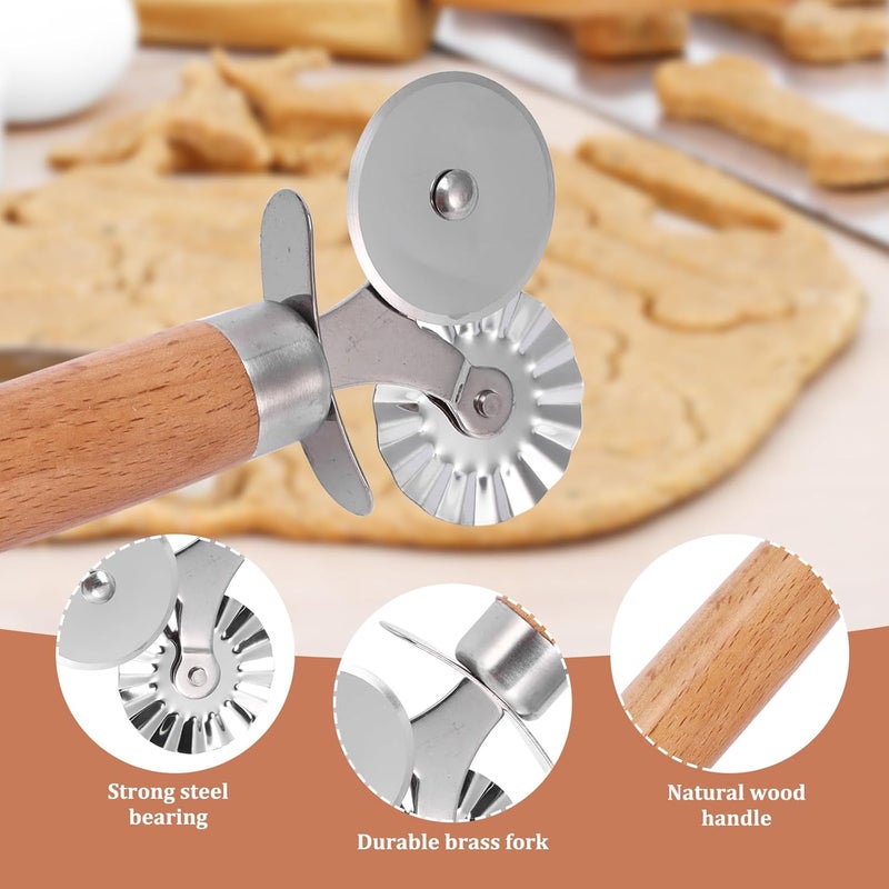 SHANGSKY Pastry Cutter Wheel, Ravioli Cutter Wheel with Long Wooden Handle, Pasta Cutter Dumpling Lace Making Noodle Ruffled Edge Cookies Pie Cutter Kitchen Dough Cutting Tool (Dual Wheel) - Image 3