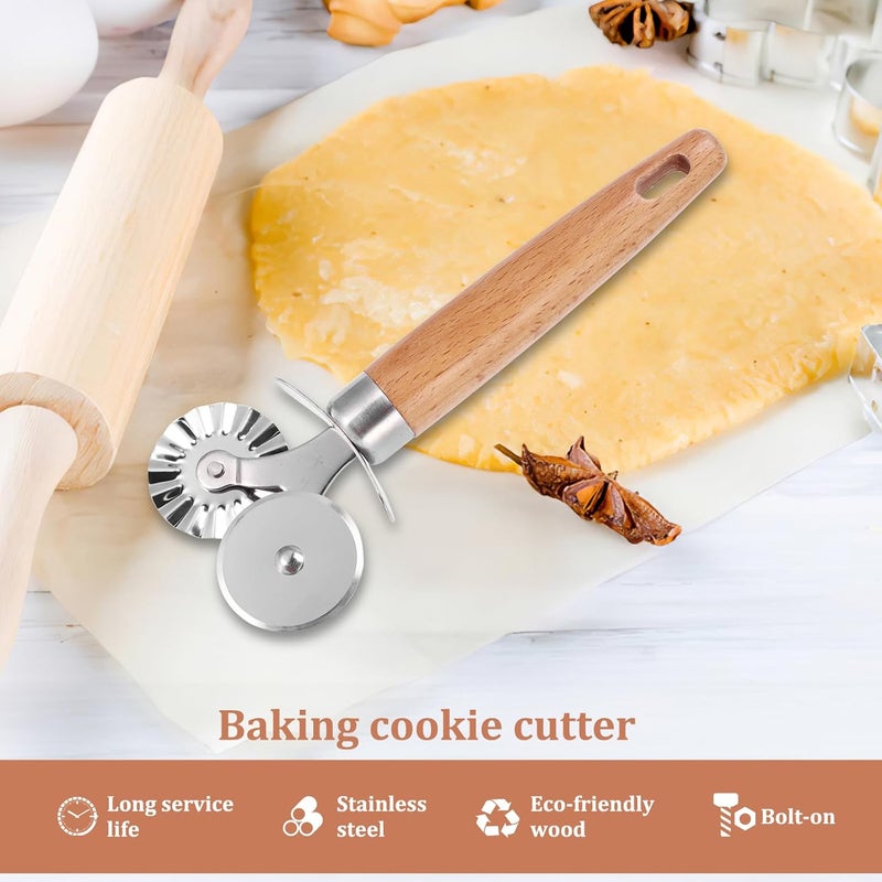 SHANGSKY Pastry Cutter Wheel, Ravioli Cutter Wheel with Long Wooden Handle, Pasta Cutter Dumpling Lace Making Noodle Ruffled Edge Cookies Pie Cutter Kitchen Dough Cutting Tool (Dual Wheel) - Image 4