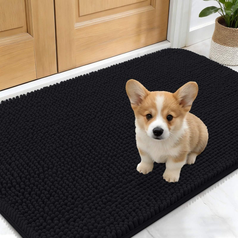 OLANLY Dog Door Mat for Muddy Paws 24x16, Absorbs Moisture and Dirt, Absorbent Non-Slip Washable Doormat, Quick Dry Chenille Mud Mat for Dogs, Entry Indoor Entryway Carpet for Inside Floor, Black - Image 1