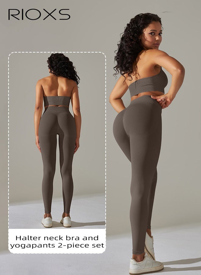 RIOXS Women's Yoga Suits, Solid Color Two-piece Fitness Set, Seamless Sports Bras and Workout Leggings, Cross-strap Bra and High Waisted Gym Pants, Stretch Comfy Athletic Tights, Ladies Activewear for Running, Pilates, Cycling, Brown Tracksuit Sets  - Image 4