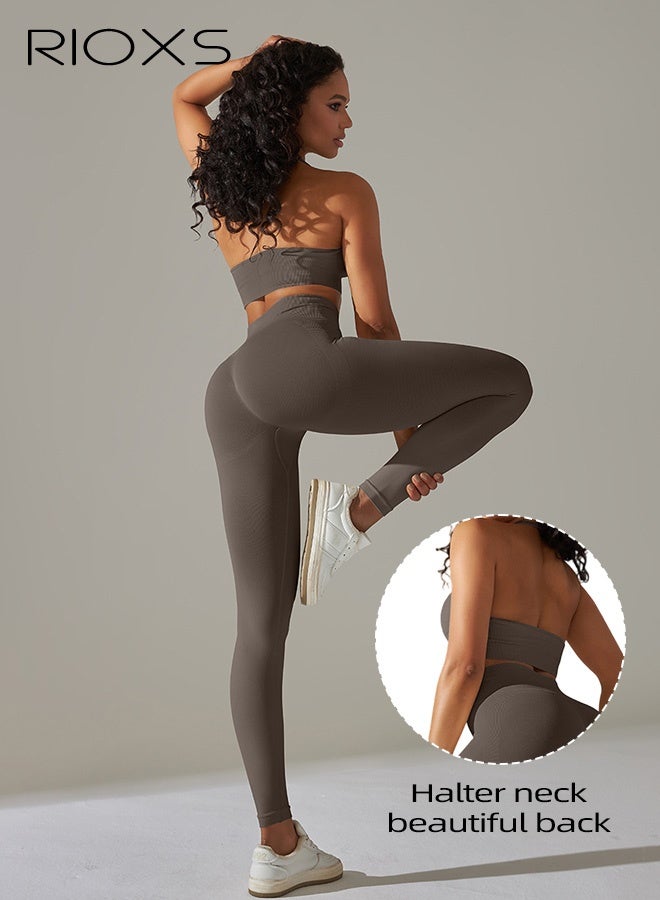 RIOXS Women's Yoga Suits, Solid Color Two-piece Fitness Set, Seamless Sports Bras and Workout Leggings, Cross-strap Bra and High Waisted Gym Pants, Stretch Comfy Athletic Tights, Ladies Activewear for Running, Pilates, Cycling, Brown Tracksuit Sets  - Image 5