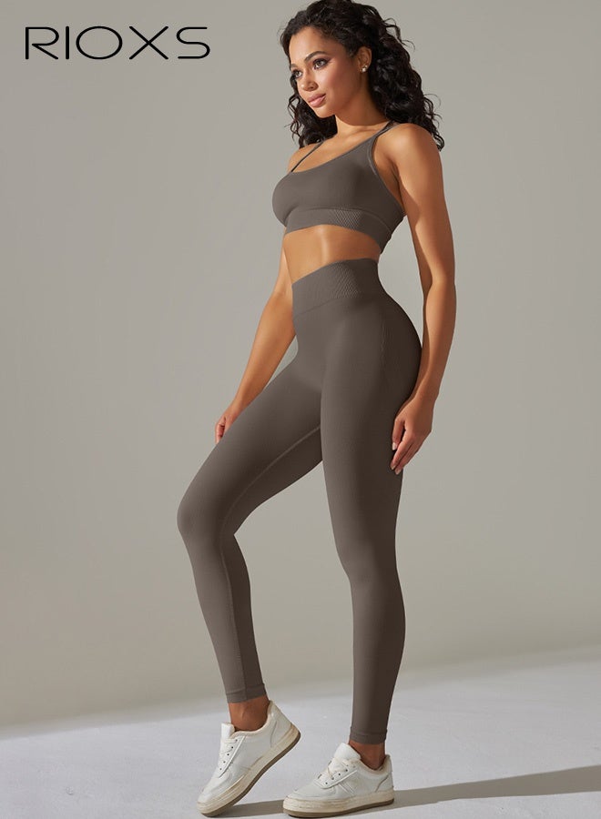 RIOXS Women's Yoga Suits, Solid Color Two-piece Fitness Set, Seamless Sports Bras and Workout Leggings, Cross-strap Bra and High Waisted Gym Pants, Stretch Comfy Athletic Tights, Ladies Activewear for Running, Pilates, Cycling, Brown Tracksuit Sets  - Image 2