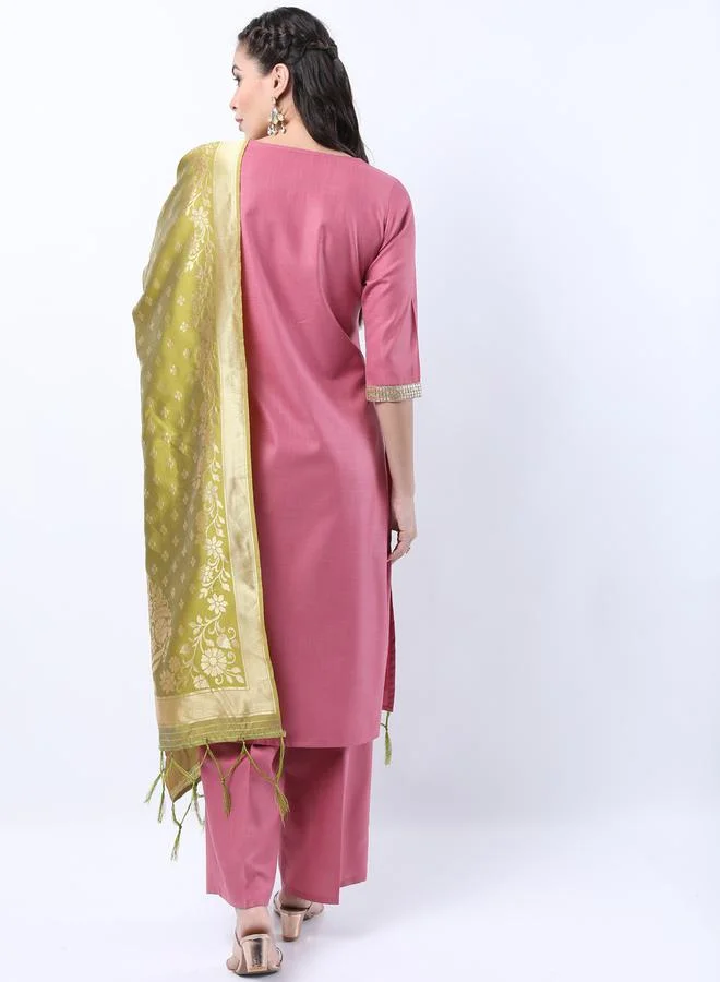 كيتش Sequin Detail Embroidered Kurta and Palazzo with Floral Texture Dupatta by Styli