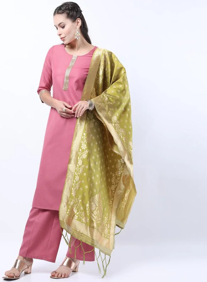 كيتش Sequin Detail Embroidered Kurta and Palazzo with Floral Texture Dupatta by Styli