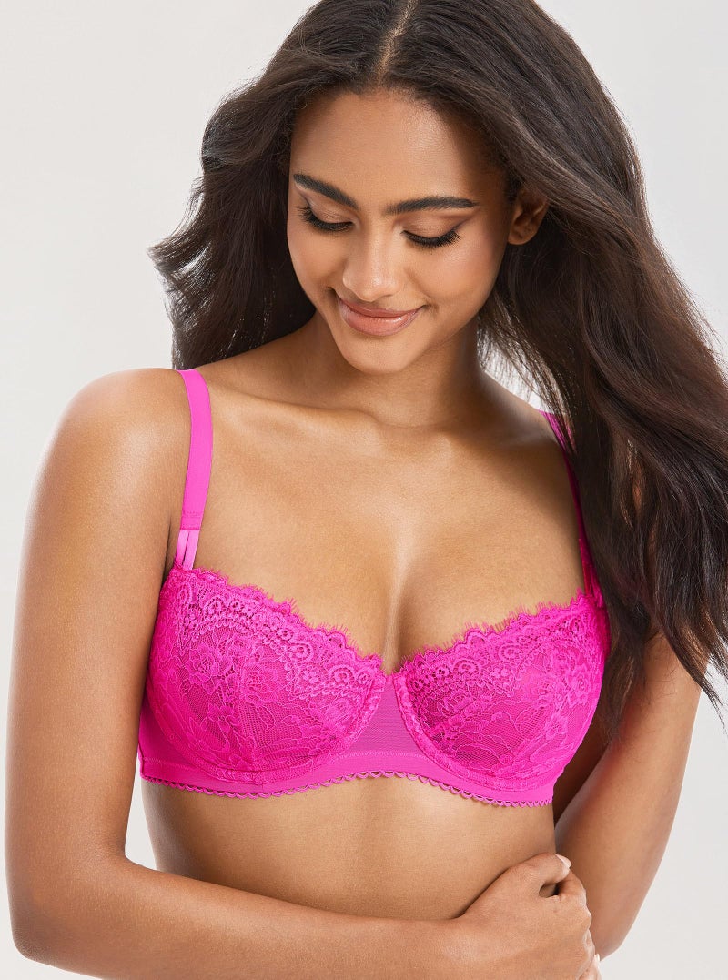 DOBREVA Women's Sexy Lace Push Up Plus Size Bra Sheer Balconette Underwire Unlined Bright Fuchsia 34D - Image 4