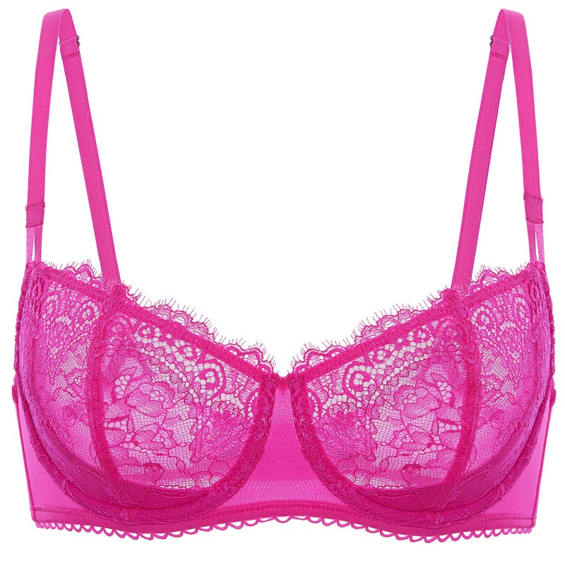 DOBREVA Women's Sexy Lace Push Up Plus Size Bra Sheer Balconette Underwire Unlined Bright Fuchsia 34D - Image 1