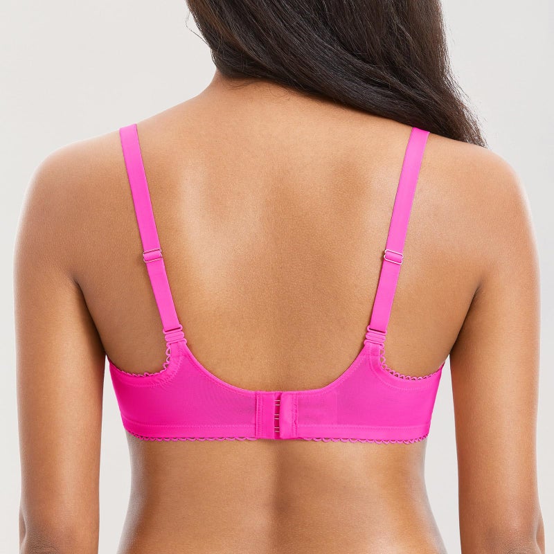 DOBREVA Women's Sexy Lace Push Up Plus Size Bra Sheer Balconette Underwire Unlined Bright Fuchsia 34D - Image 3