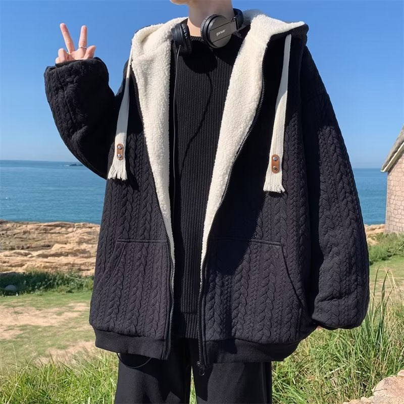 Lamb Wool Coat Mens Winter Fleece-lined Thickened Simple Niche Design Sense Cotton-padded Coat Fashionable Brand ins Hong Kong Style Cotton-padded Coat Black - Image 1
