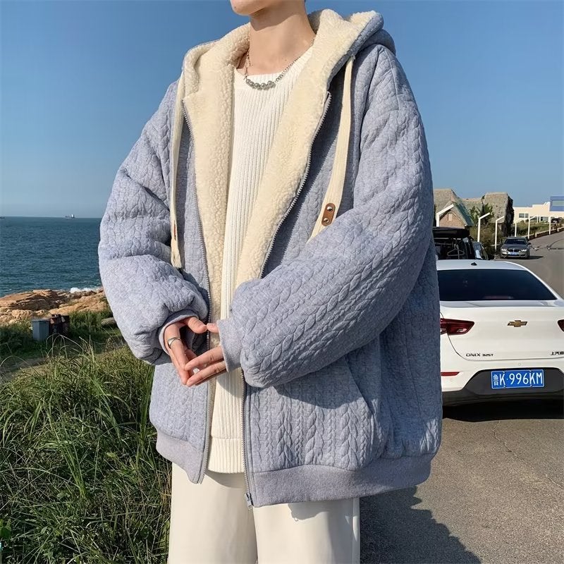 Lamb Wool Coat Mens Winter Fleece-lined Thickened Simple Niche Design Sense Cotton-padded Coat Fashionable Brand ins Hong Kong Style Cotton-padded Coat Black - Image 2