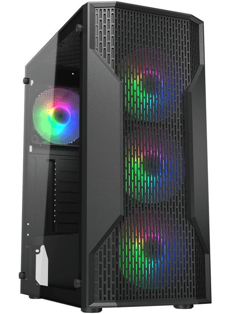 كوجار هيكل كمبيوتر ألعاب MX110 RGB متوسط ​​الحجم، مزود بـ 4 مراوح RGB مثبتة مسبقًا، تصميم شبكي لتدفق الهواء الأمامي، منفذ USB 3.0 + منفذ USB 2.0، يدعم مشعاع تبريد أمامي حتى 240 مم، مساحة كافية لبطاقة رسومات تصل إلى 305 مم، ارتفاع مبرد المعالج يصل إلى 158 مم، 7 فتحات توسعة، هيكل كمبيوتر ألعاب | أسود - Image 1