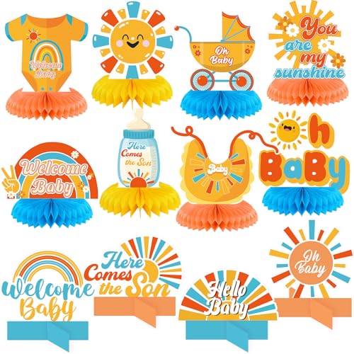 Moinchore 12 Pcs Here Comes The Son Baby Shower Decorations Honeycomb Centerpieces Welcome Here Comes The Son Table Decoration Sunshine Rainbow Bottle Stroller Table Topper for Baby Shower Party Favor - Image 1