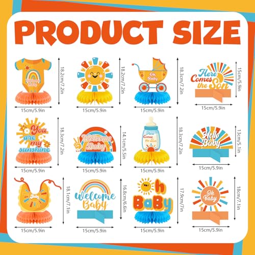 Moinchore 12 Pcs Here Comes The Son Baby Shower Decorations Honeycomb Centerpieces Welcome Here Comes The Son Table Decoration Sunshine Rainbow Bottle Stroller Table Topper for Baby Shower Party Favor - Image 5