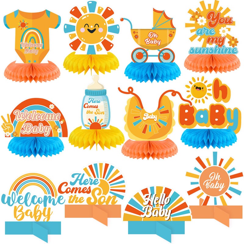 Moinchore 12 Pcs Here Comes The Son Baby Shower Decorations Honeycomb Centerpieces Welcome Here Comes The Son Table Decoration Sunshine Rainbow Bottle Stroller Table Topper for Baby Shower Party Favor - Image 3