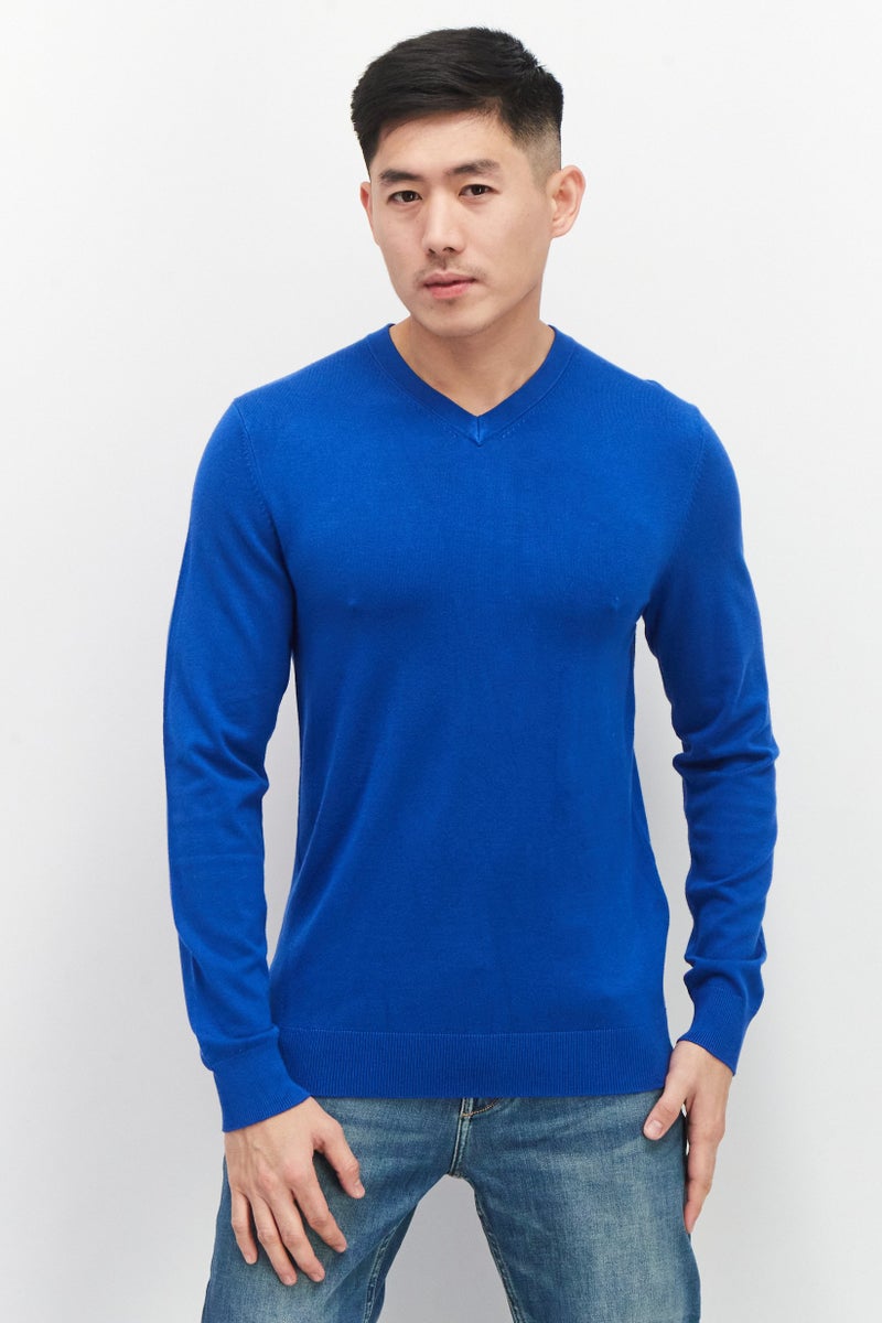Celio Men V Neck Long Sleeve Plain Sweaters, Blue - Image 1