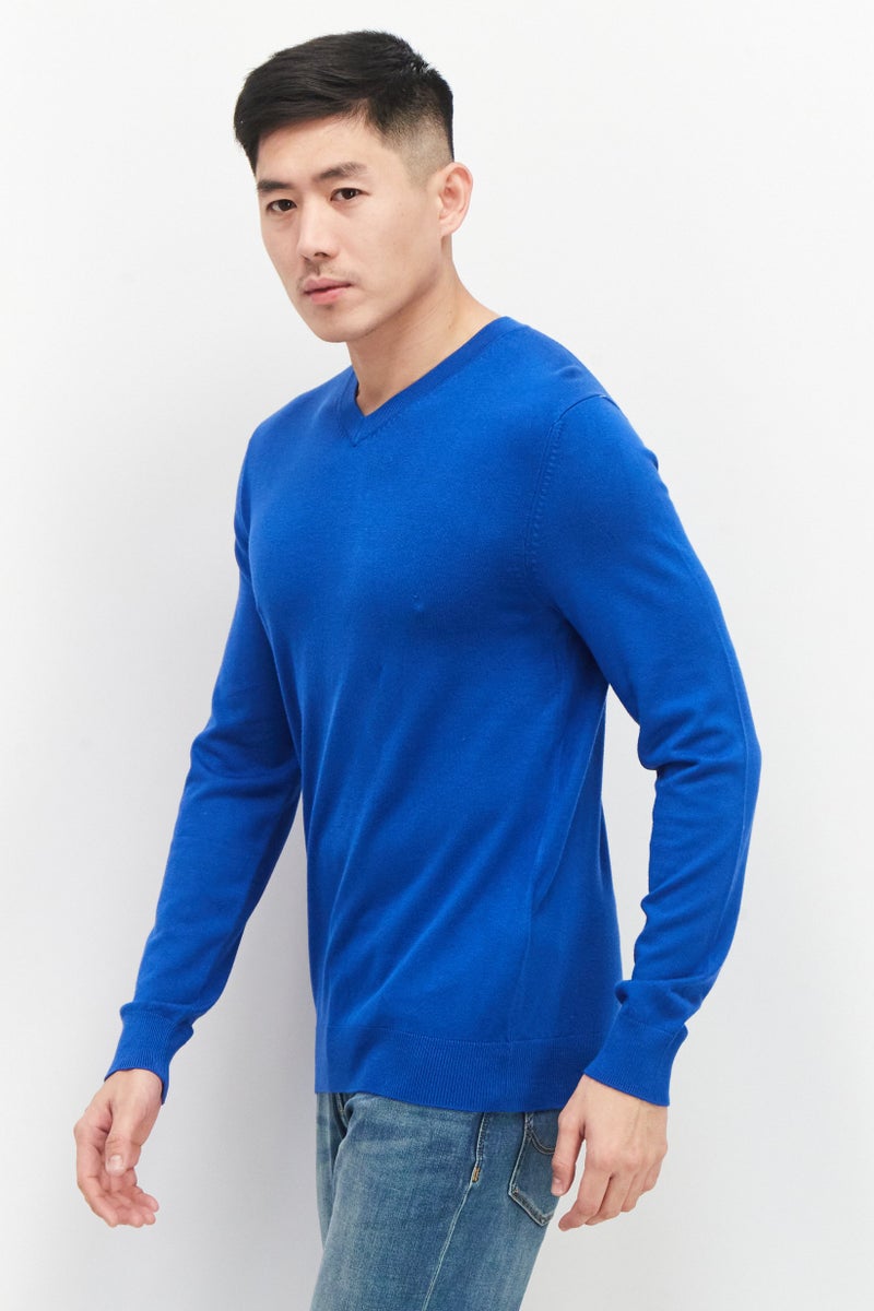 Celio Men V Neck Long Sleeve Plain Sweaters, Blue - Image 3