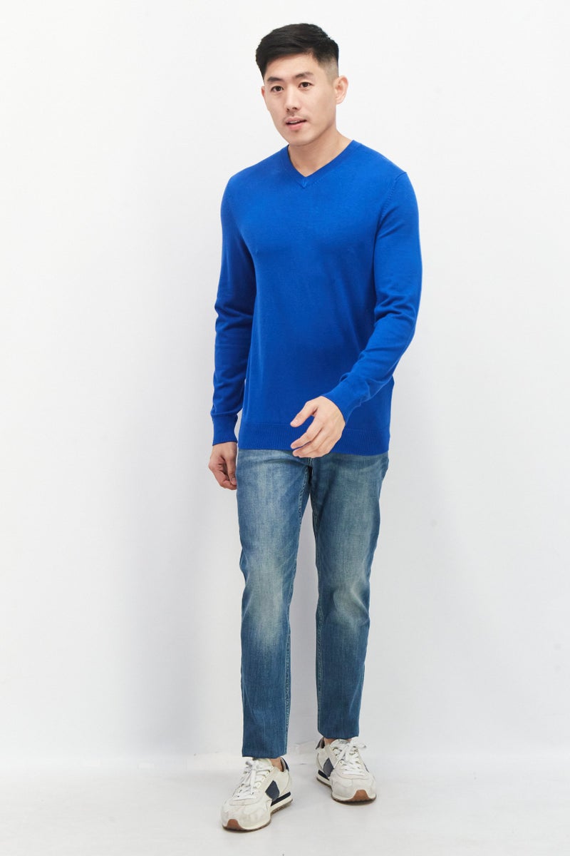 Celio Men V Neck Long Sleeve Plain Sweaters, Blue - Image 4