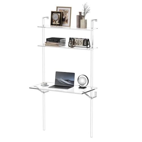 HMYHUM Acrylic Wall Mount Desk Clear Ladder Desk with Open Shelves Floating Desk for Laptop Computer Study Writing Vanity Table Modern 36 L x 197 W x 6999 H