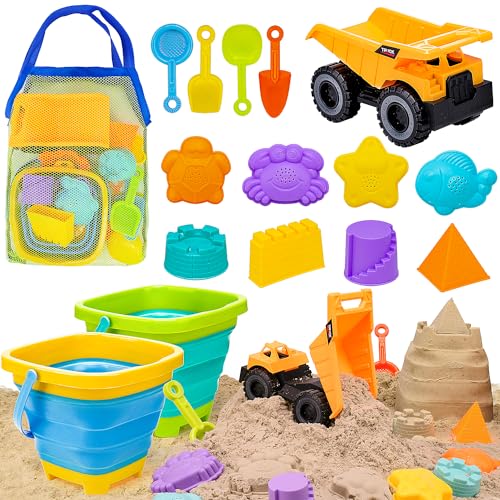 AuntyFey Beach Sand Toys for Toddler 13 with Trucks 2 Collapsible Beach Toys for Kids Ages 48 Sandbox Toys for Toddler Collapsible Beach Sand Buckets with Castle Sand Molds Shovels - Image 1