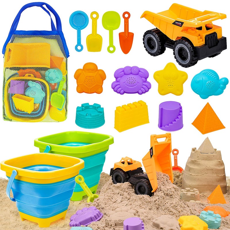 AuntyFey Beach Sand Toys for Toddler 13 with Trucks 2 Collapsible Beach Toys for Kids Ages 48 Sandbox Toys for Toddler Collapsible Beach Sand Buckets with Castle Sand Molds Shovels - Image 2