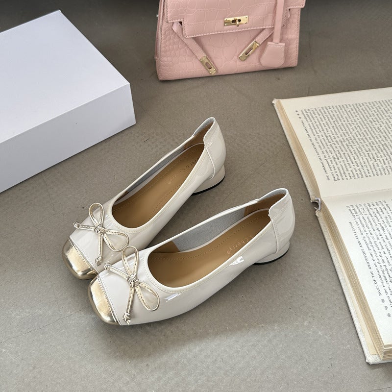 Fashion Heels, French Bow, Color Matching, Low Heel, Rubber Band, Lacquered Leather Shoes, One-Step, Huidong Color Matching Low Heels - Image 1