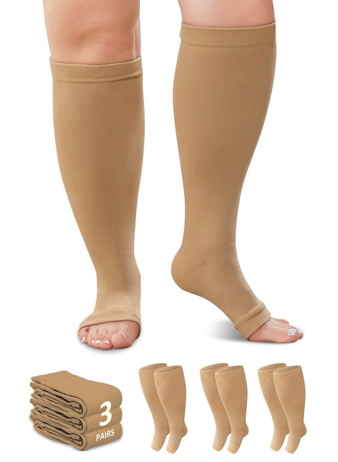 Amitofo Toeless Compression Socks for Women Men, Plus Size Compression Socks Wide Calf for Circulation Edema Varicose Veins, Open Toe Stockings Suitable for Nursing Travel Running, 3 Pairs, 5XL Nude - Image 1