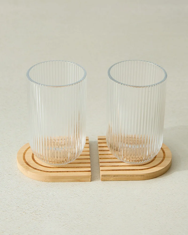 ردتاغ طقم كوب زجاجي مضلع وحامل خشبي شفاف (قطعتين)