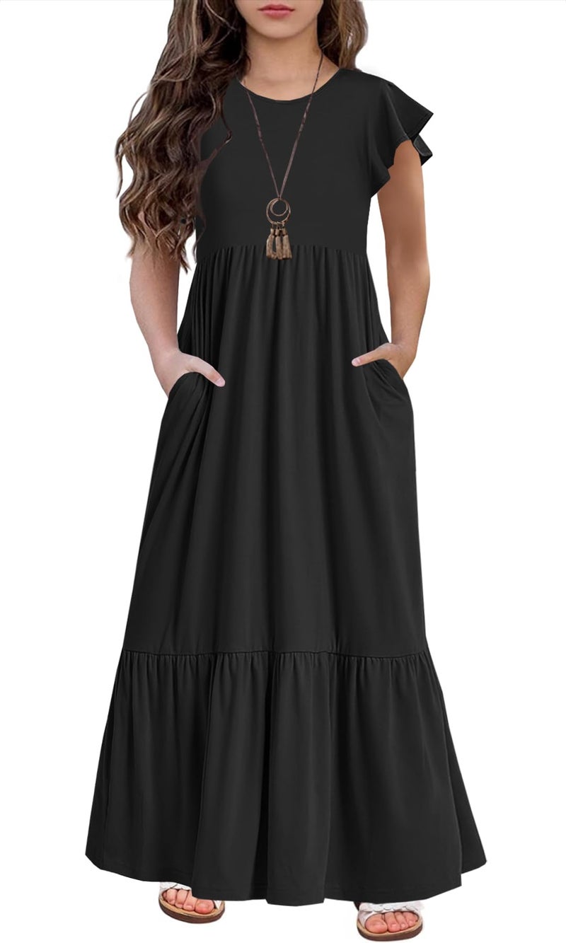HOSIKA Girls Sundress Flutter Sleeve Solid Color Loose Casual Long Maxi Dress with Pockets 6-12 Years - Image 1