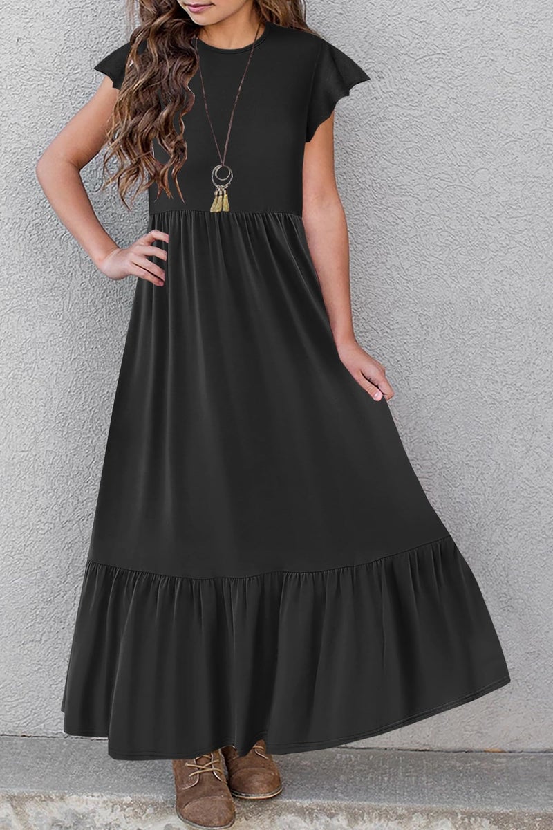 HOSIKA Girls Sundress Flutter Sleeve Solid Color Loose Casual Long Maxi Dress with Pockets 6-12 Years - Image 4