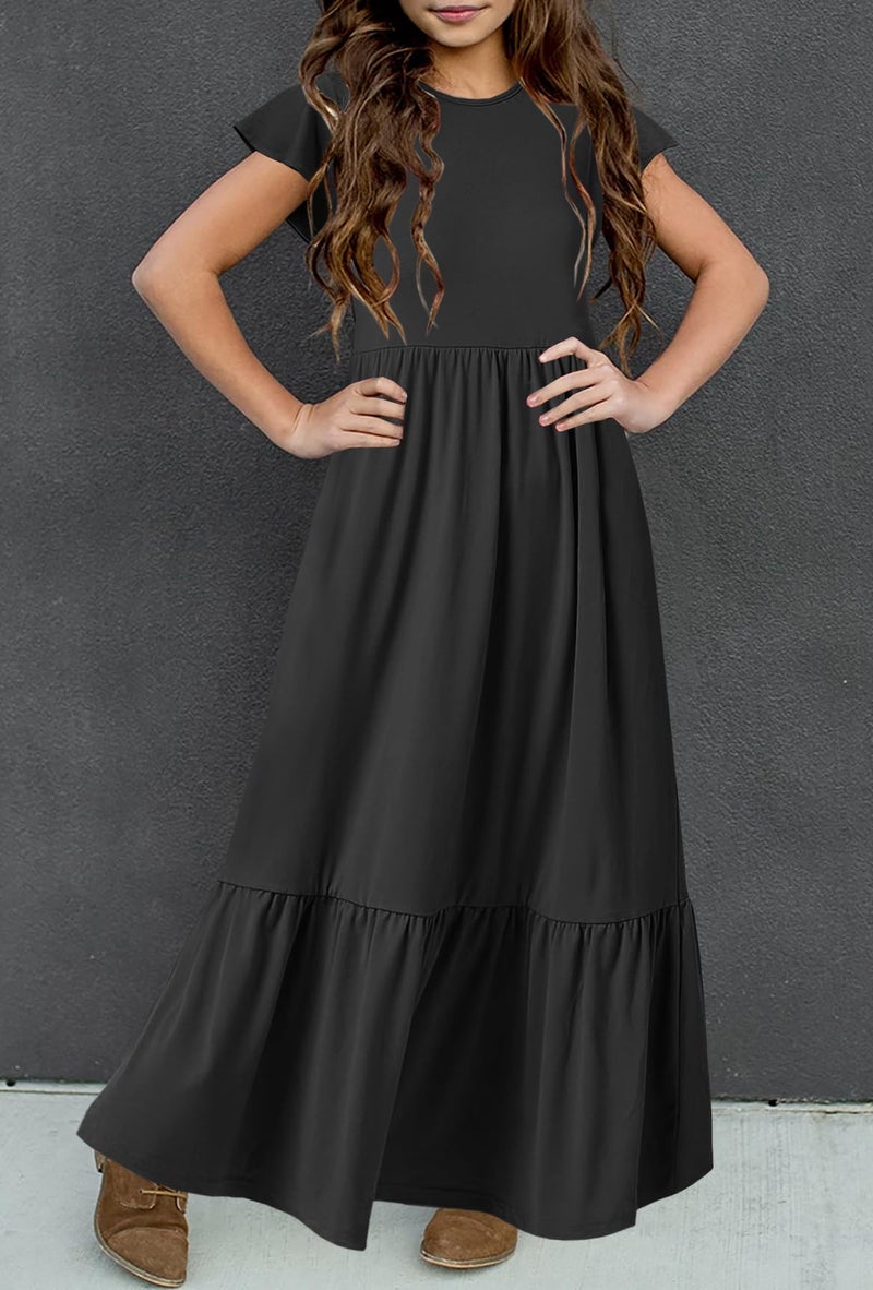 HOSIKA Girls Sundress Flutter Sleeve Solid Color Loose Casual Long Maxi Dress with Pockets 6-12 Years - Image 2