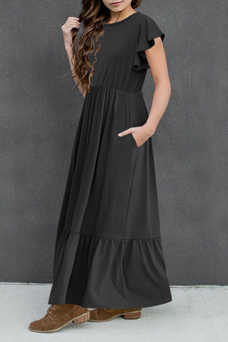 HOSIKA Girls Sundress Flutter Sleeve Solid Color Loose Casual Long Maxi Dress with Pockets 6-12 Years - Image 3